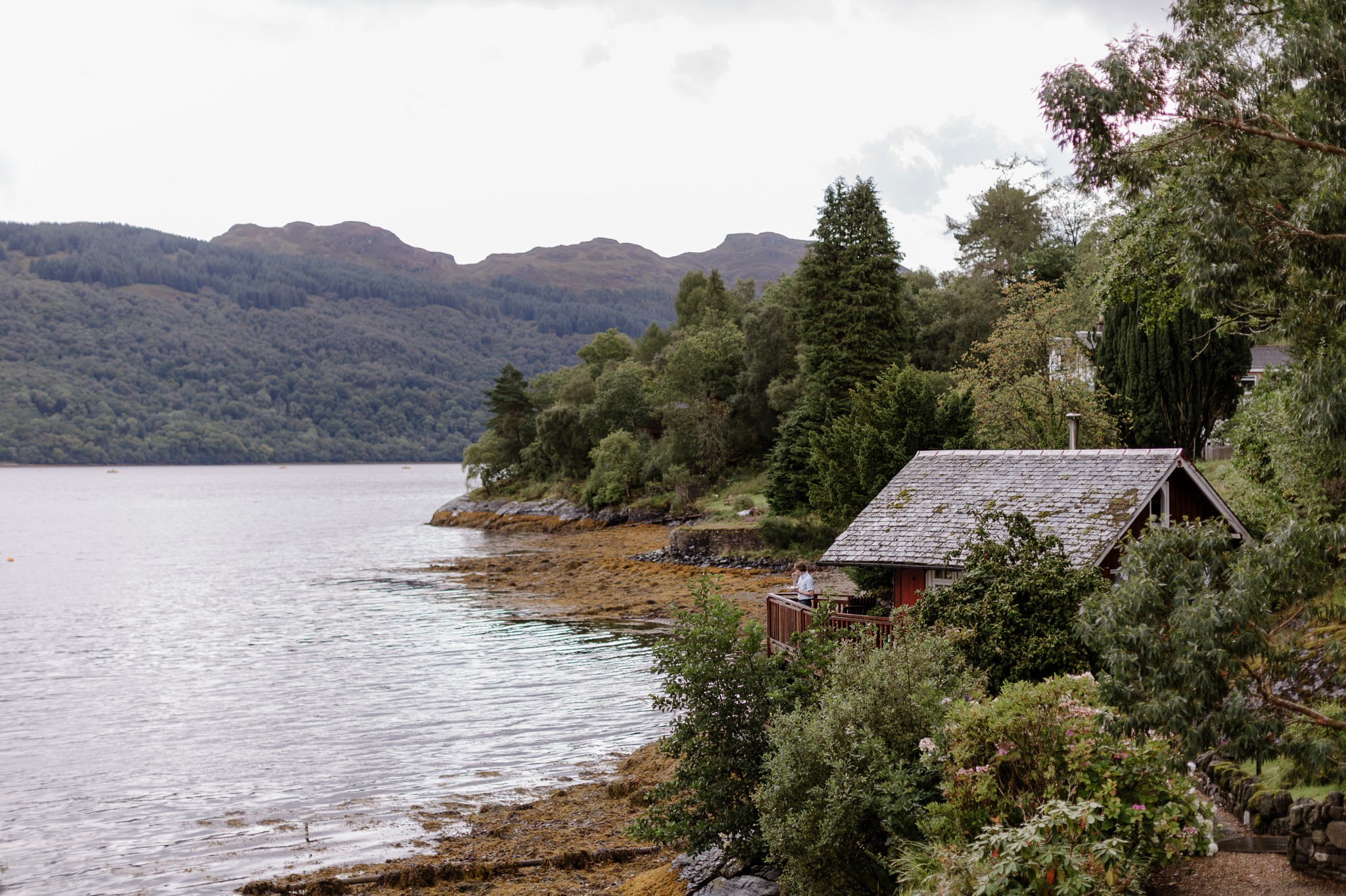 A small lakeside cottage surrounded by woodland and hills.