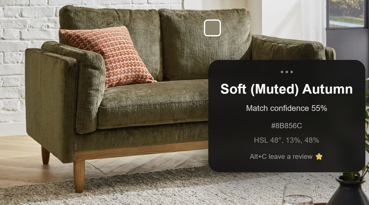 Free extension sampling an olive sofa and showing Soft (Muted) Autumn