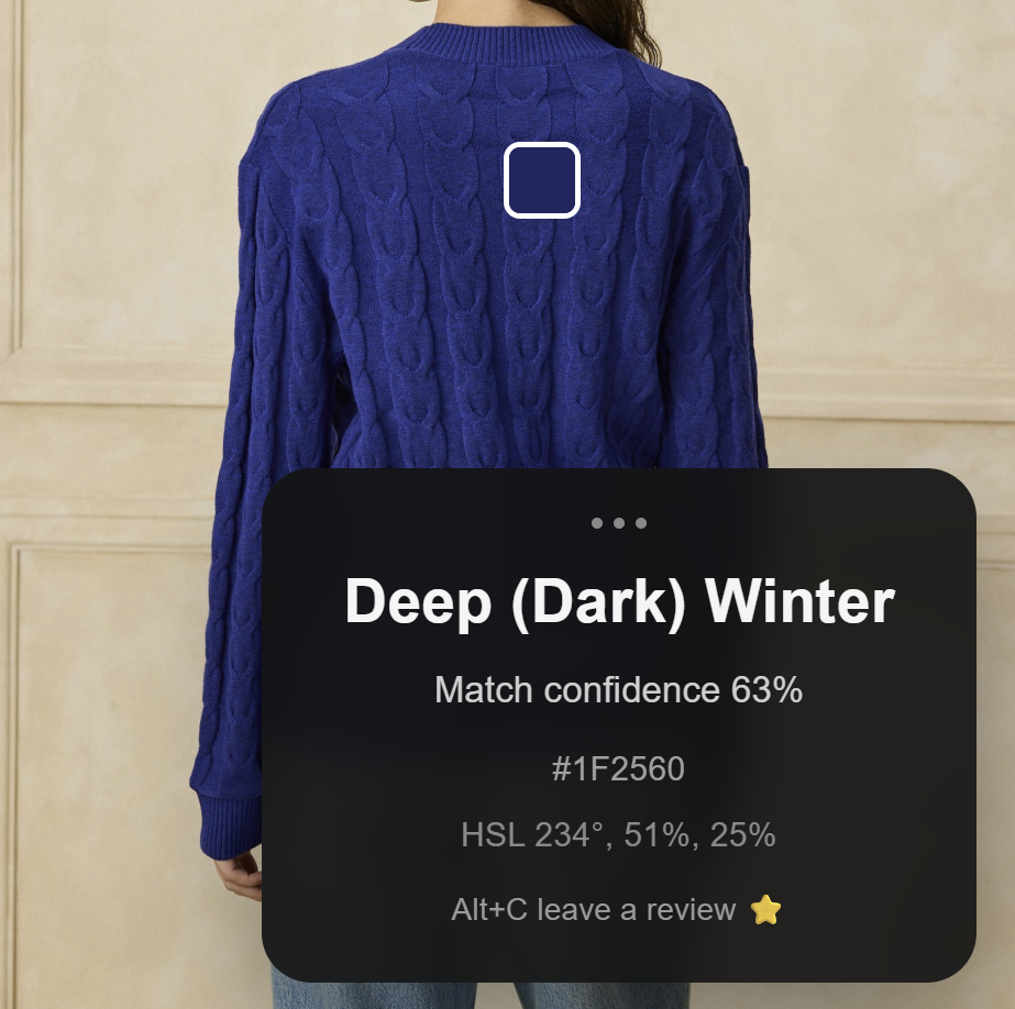 Free extension sampling a deep blue knitted jumper and showing Deep (Dark) Winter