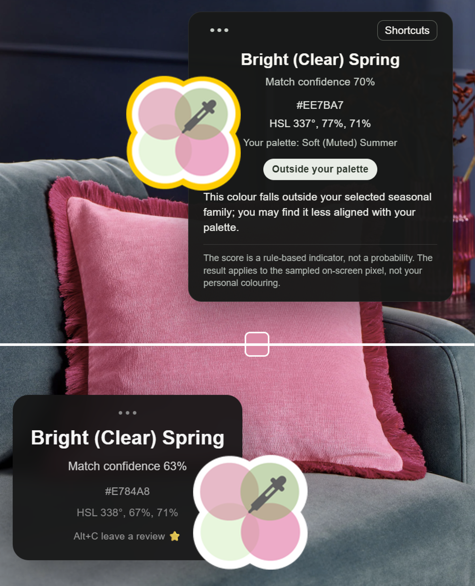 Mindfully Fashionable colour sampling interface shown over a pink cushion, with a comparison of two colour results
